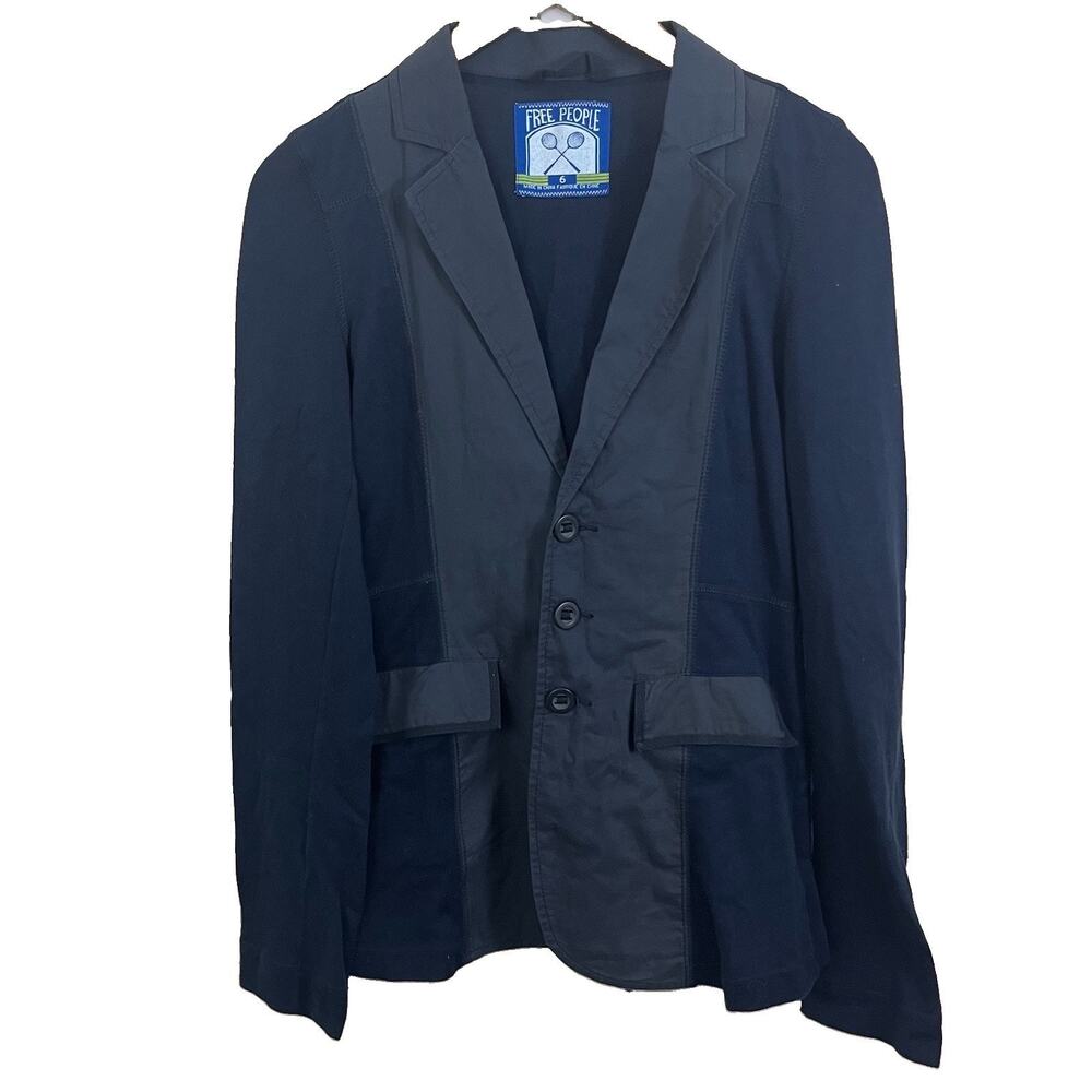 Free People Vintage Y2K Knit Blazer Jacket Womens 6 Cotton Navy 2000s Academia